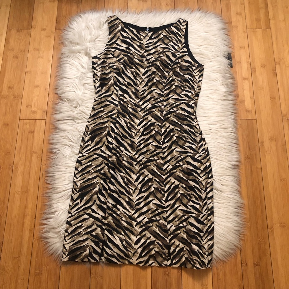 Adrianna Papell Linen Silk Blend Tiger Print Black Tan Sheath Mini Dress size 6